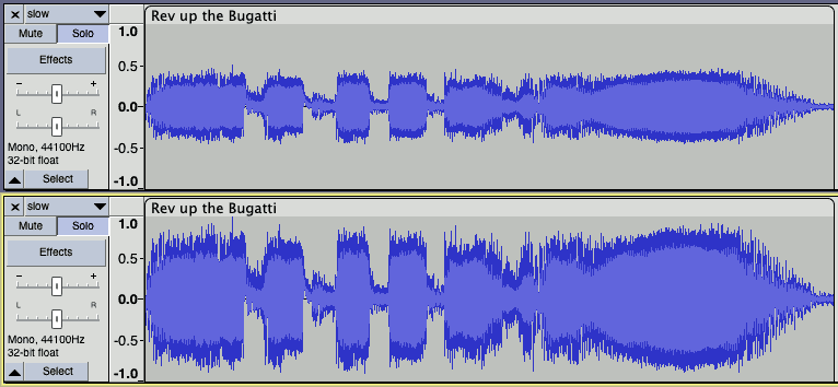 Two audio tracks showing the same sound: the waveform's taller (louder) in the second track.