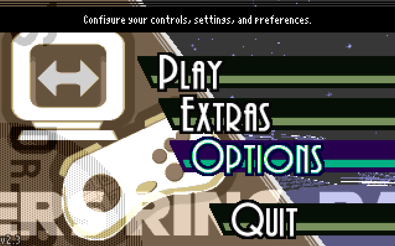 Main menu of Dr. Robotnik's Ring Racers: unlike the previous main menus, which were all single columns of all-caps, centre-aligned menu options, on top of relatively simple backgrounds with the game titles in big letters, the Ring Racers main menu has diagonal menu options in a large, characterful font on a dynamic, but not overstated background