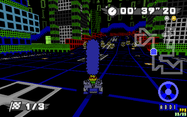 Screenshot of Bizarrge on a track in SRB2K, with her tall hair covering the view of some upcoming item boxes